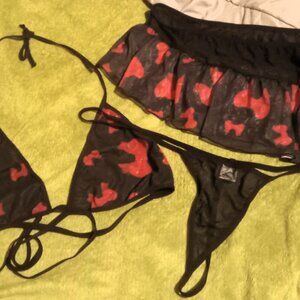 SHEIN NWOT 3 - Piece Lingerie Set - Black W/ Red Bows - Top , Skirt , Thong - 4X